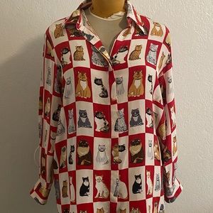 Vintage 90s Silk Cat Print Blouse, XL